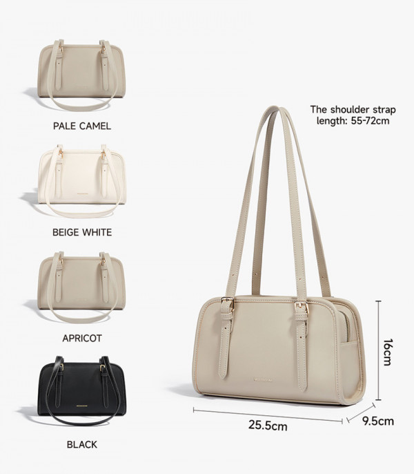 Dimensions and colors of the MOSSDOOM RENEE shoulder bag: pale camel, beige white, apricot, and black.