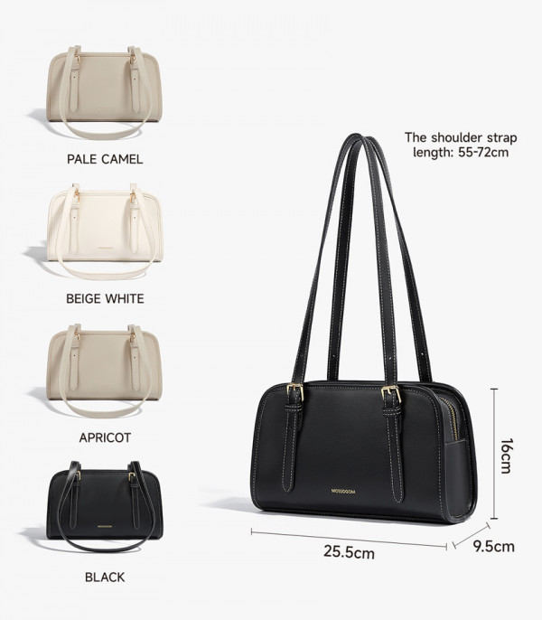 Dimensions and colors of the MOSSDOOM RENEE shoulder bag: pale camel, beige white, apricot, and black.