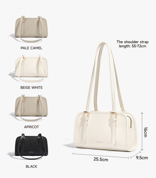 Dimensioni e colori della borsa a spalla MOSSDOOM RENEE: cammello pallido, bianco beige, albicocca e nero.