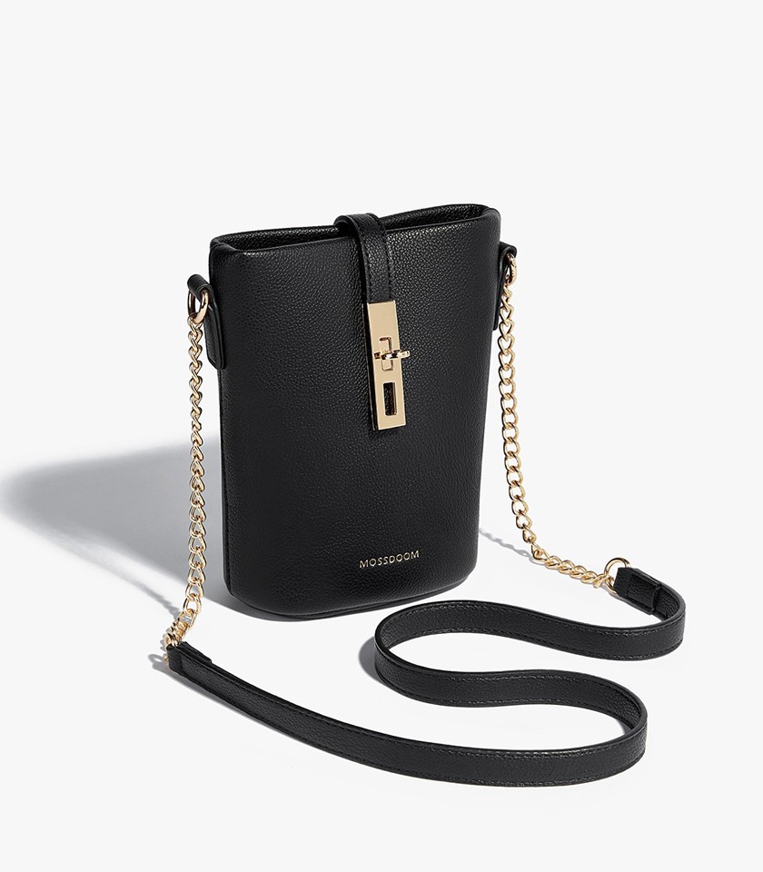 MOSSDOOM ELOUISE CHAIN small bag, black color, three-quarter view.
