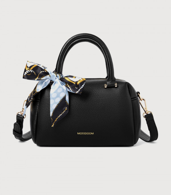 MOSSDOOM MARCIA top handle bag, Black color, front view with scarf.