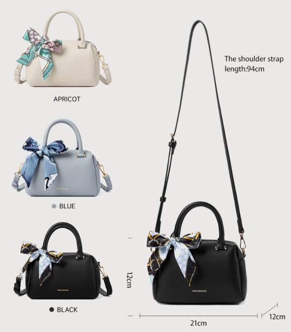 Dimensions and colors of the MOSSDOOM MARCIA top handle bag: apricot, blue, and black.