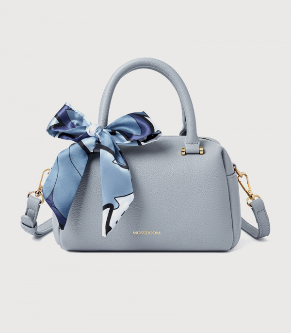 MOSSDOOM MARCIA top handle bag, Sky Blue Color, front view with scarf.