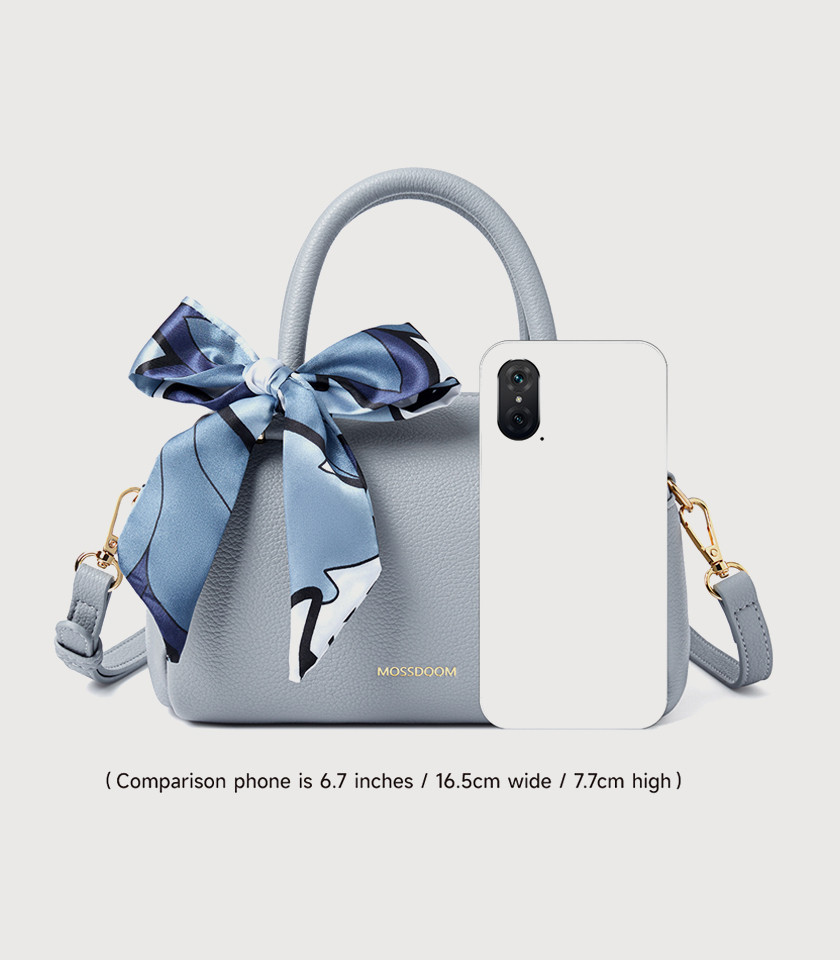 MOSSDOOM MARCIA top handle bag, Sky Blue Color, front view with scarf.