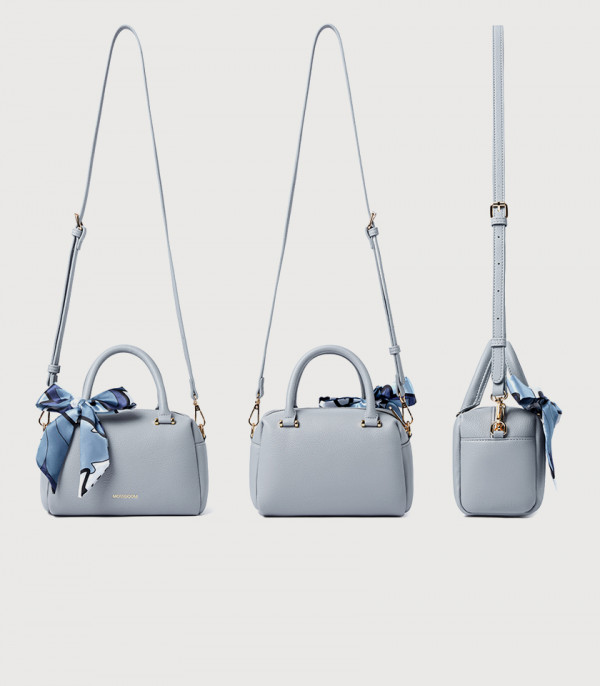 Front, side, and shoulder strap views of the MOSSDOOM MARCIA top handle bag, Sky Blue Color.