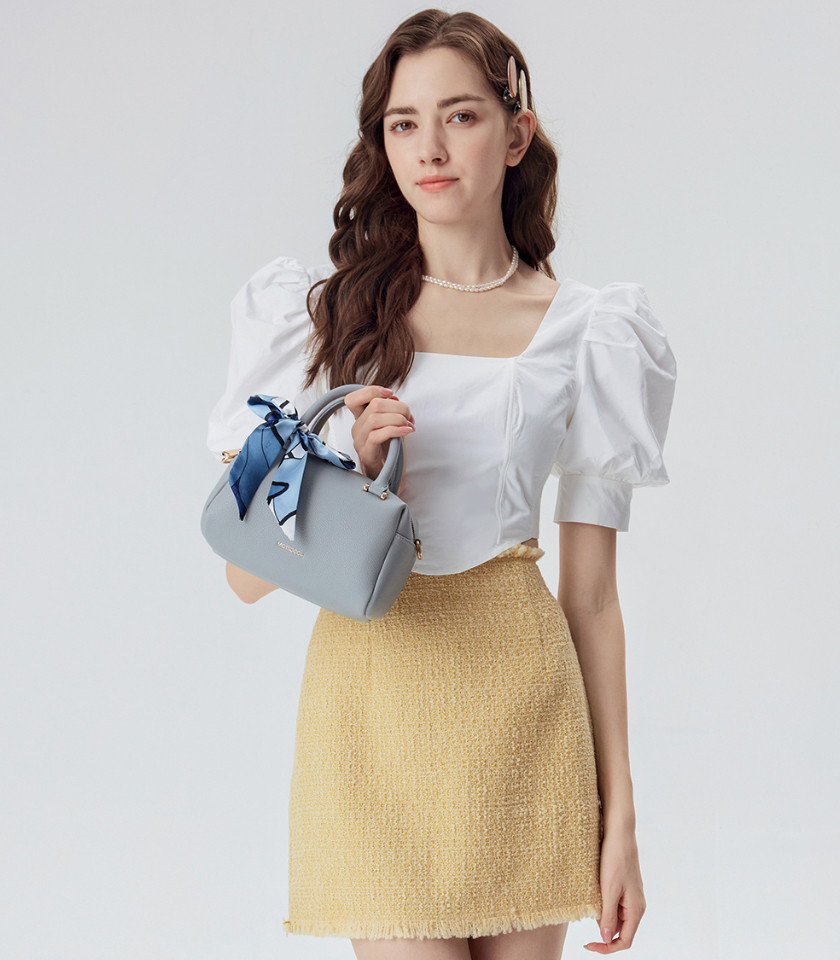 MOSSDOOM MARCIA top handle bag, Sky Blue Color, front view with scarf.