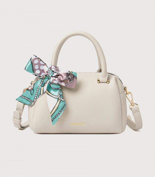 MOSSDOOM MARCIA top handle bag, Apricot Color, front view with scarf.