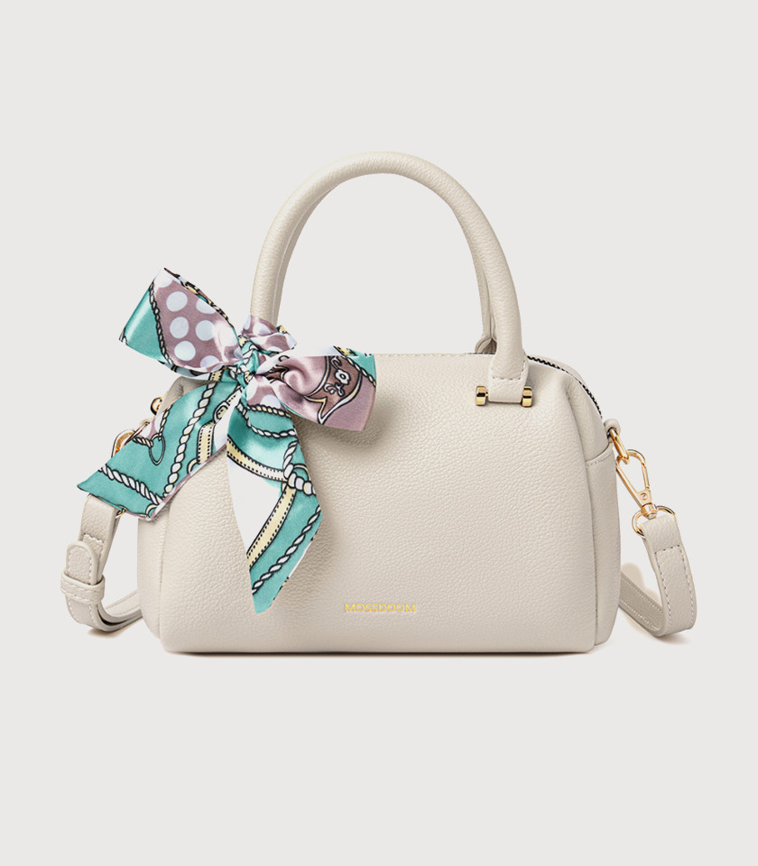 MOSSDOOM MARCIA top handle bag, Apricot Color, front view with scarf.