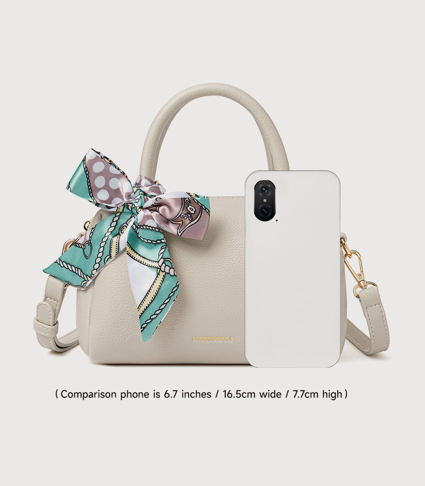 MOSSDOOM MARCIA top handle bag, Apricot Color, front view with scarf.