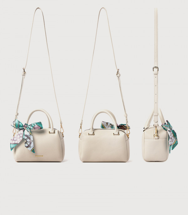 Front, side, and shoulder strap views of the MOSSDOOM MARCIA top handle bag, Apricot Color.