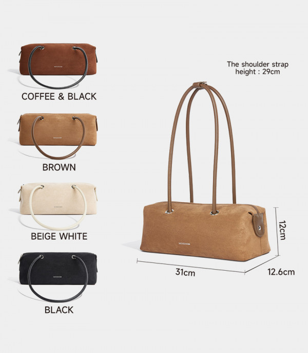 Dimensions and colors of the MOSSDOOM PAULA baguette bag: coffee, brown, beige, and black.