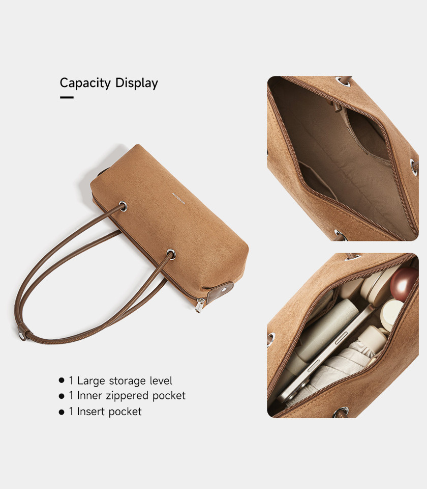 MOSSDOOM PAULA shoulder baguette bag, Camel color, front view.