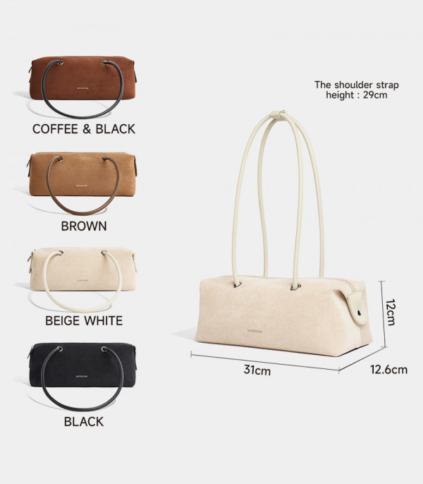 Dimensões e cores da bolsa baguete MOSSDOOM PAULA: café, marrom, bege e preto.