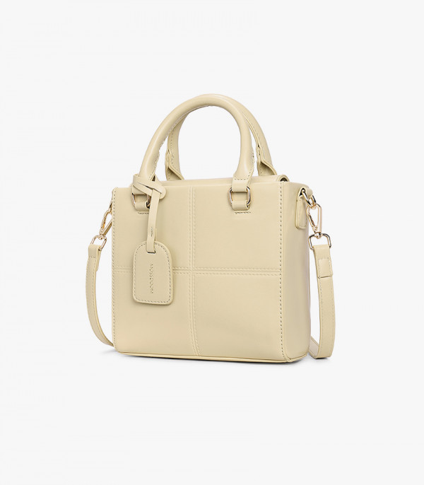 MOSSDOOM CUBIQUE structured handbag, Apricot color, alternate three-quarter view.