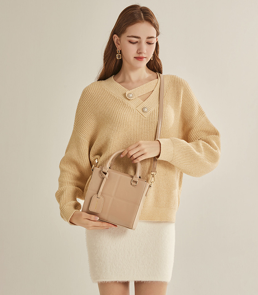 MOSSDOOM CUBIQUE structured handbag, Cream color, front view.