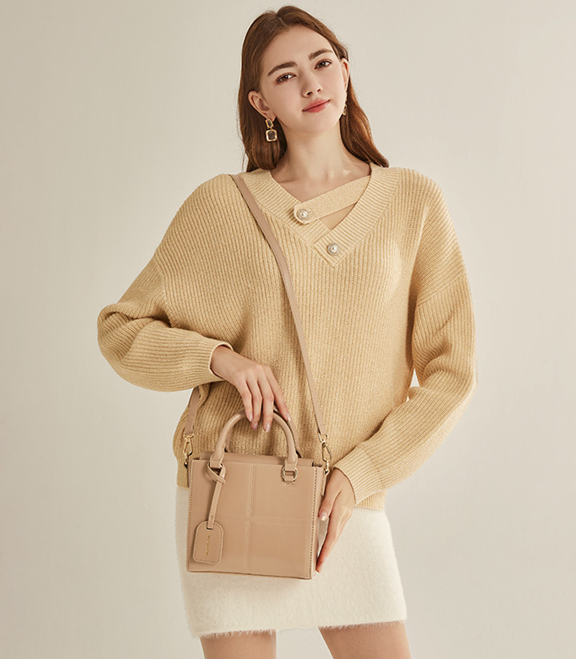 MOSSDOOM CUBIQUE structured handbag, Cream color, front view.