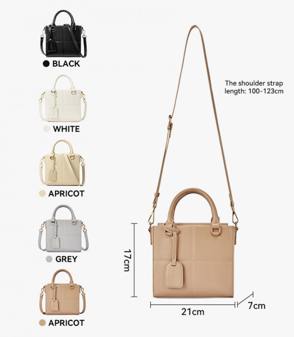 Dimensions and colors of the MOSSDOOM CUBIQUE structured handbag: black, white, apricot, grey.