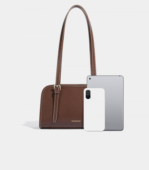 Size scale of the MOSSDOOM RENÉE COLORFUL shoulder bag, Coffee Color, compared to phones.