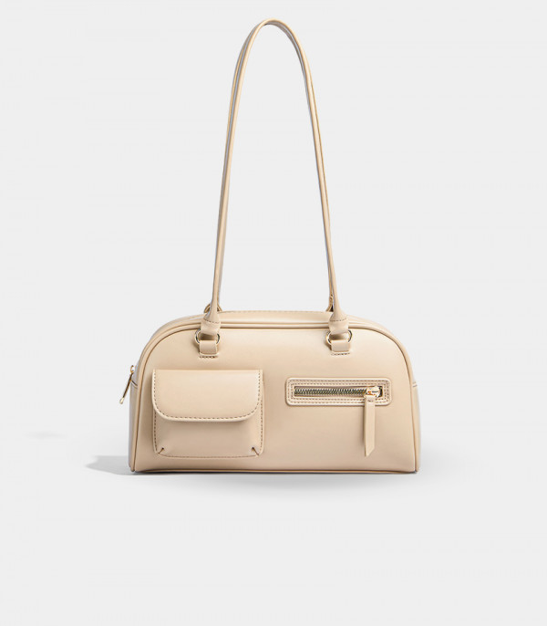 MOSSDOOM FIONA shoulder bag, Apricot color, front view with pockets.