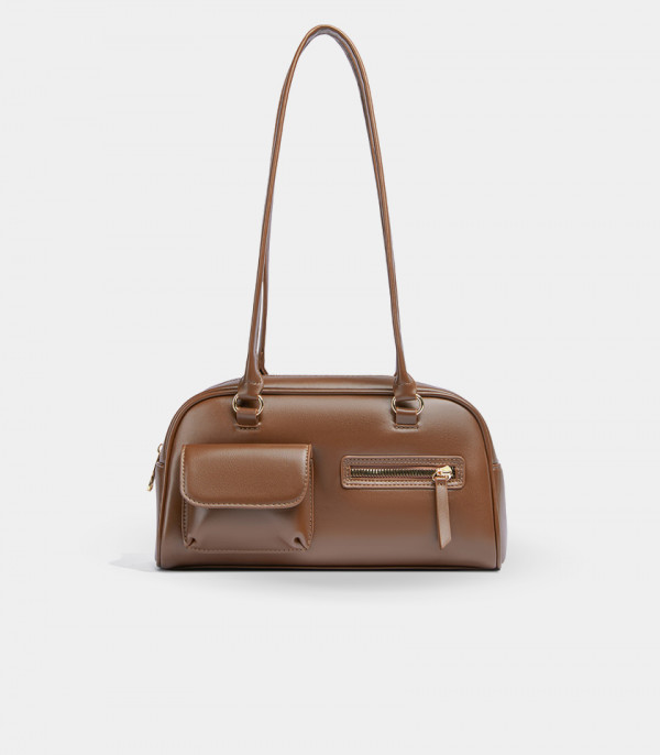 MOSSDOOM FIONA shoulder bag, Coffee color, front view with pockets.