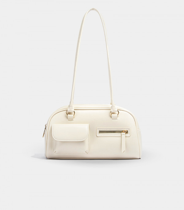MOSSDOOM FIONA shoulder bag, Ivory color, front view with pockets.
