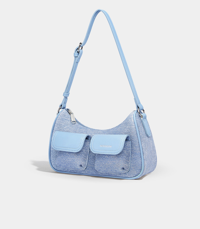 Borsa a spalla MOSSDOOM LIORA colore Blue Jean, vista a tre quarti.