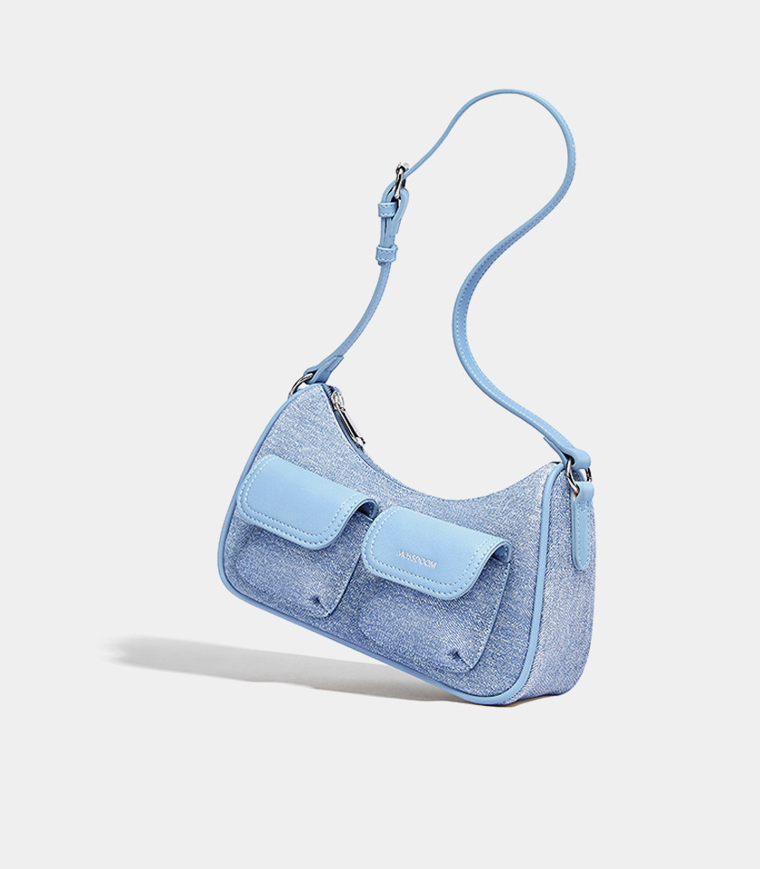 Borsa a spalla MOSSDOOM LIORA colore Blue Jean, vista a tre quarti.