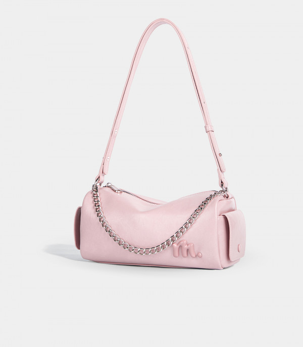 MOSSDOOM MAELYS shoulder bag, Salmon Color, three-quarter view with chain.