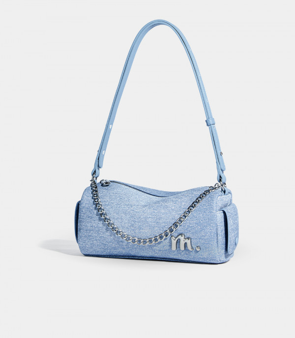 MOSSDOOM MAELYS shoulder bag, Blue Jean's Color, three-quarter view with chain.