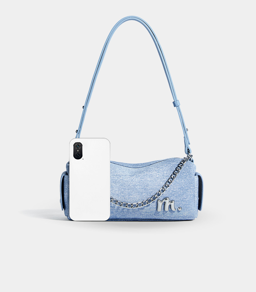 MOSSDOOM MAELYS shoulder bag, Blue Jean's Color, three-quarter view with chain.