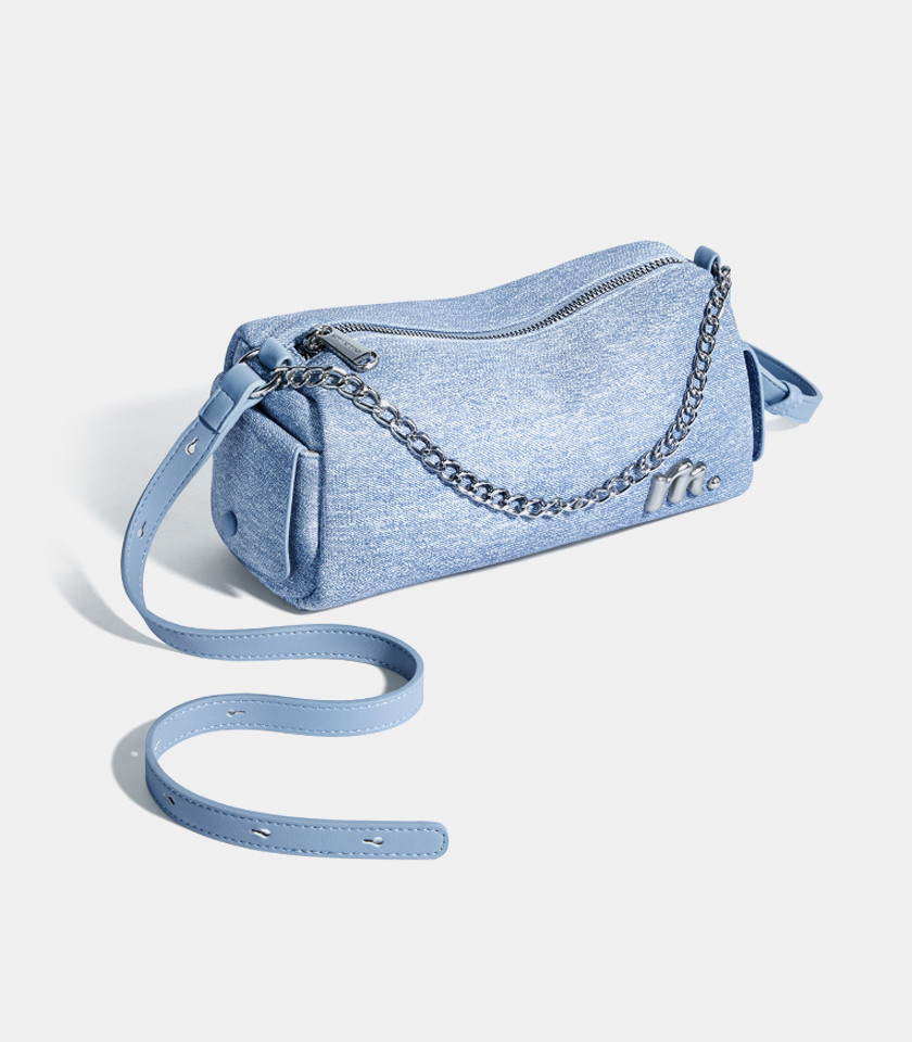 MOSSDOOM MAELYS shoulder bag, Blue Jean's Color, three-quarter view with chain.