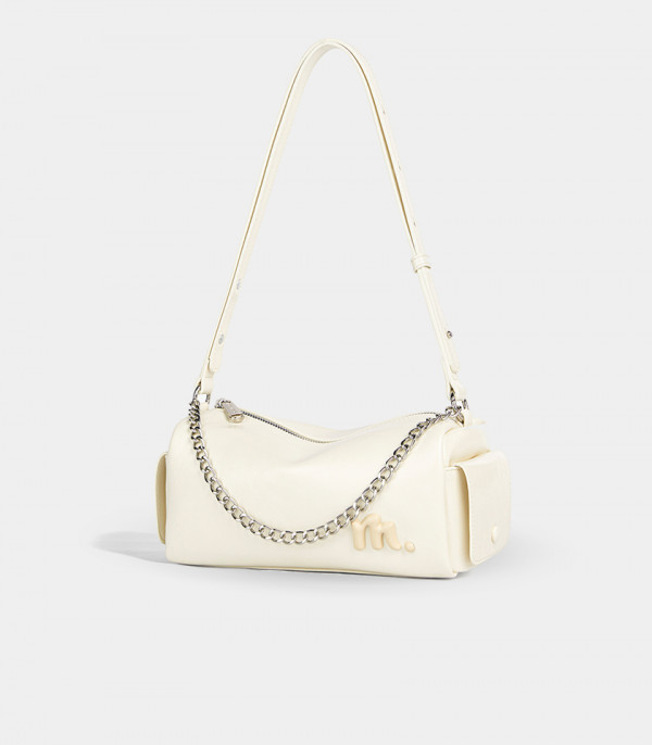 MOSSDOOM MAELYS shoulder bag, Ivory Color, three-quarter view with chain.
