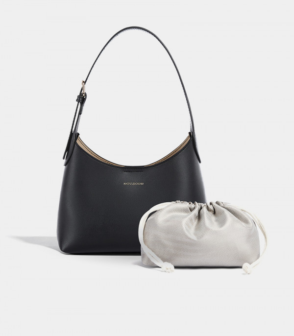 MOSSDOOM ELOWEN shoulder bag, Black Color, with its storage pouch.