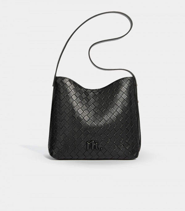 CLARANCE woven shoulder bag - MOSSDOOM Black Color, front view.