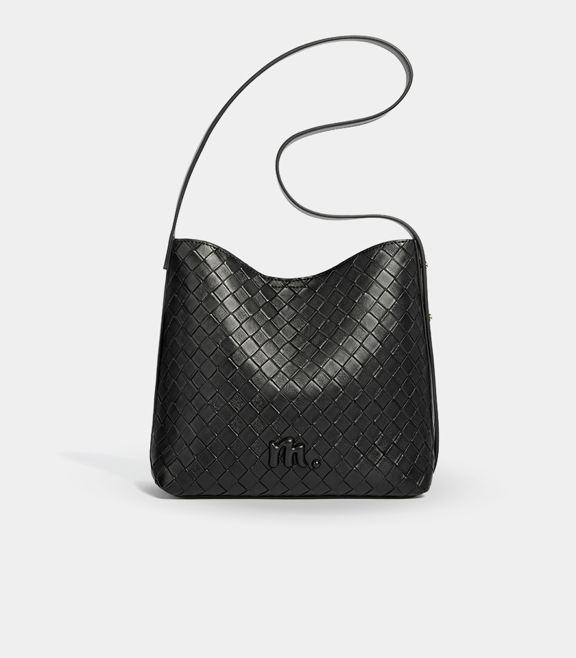 CLARANCE woven shoulder bag - MOSSDOOM Black Color, front view.