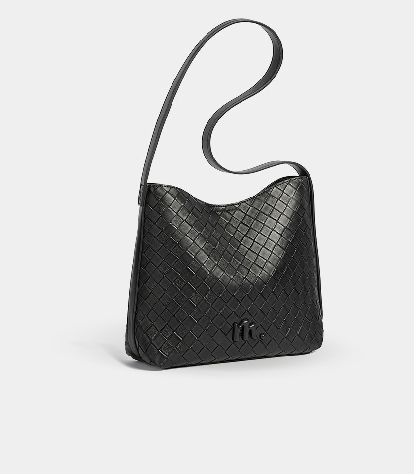 CLARANCE woven shoulder bag - MOSSDOOM Black Color, front view.