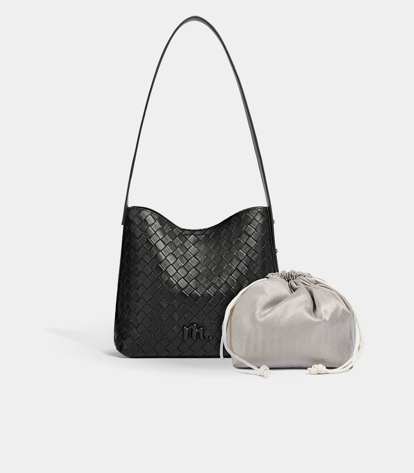CLARANCE woven shoulder bag - MOSSDOOM Black Color, front view.