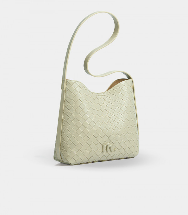 CLARANCE woven shoulder bag - MOSSDOOM Pistachio Color, three-quarter view.