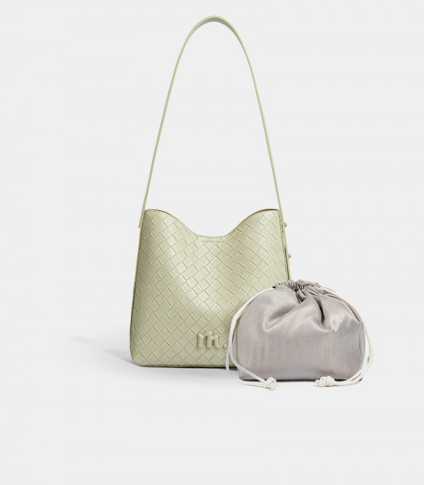CLARANCE woven shoulder bag - MOSSDOOM Pistachio Color, with its storage pouch.
