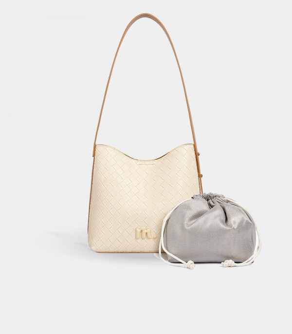 CLARANCE woven shoulder bag - MOSSDOOM Ivory Color, with its storage pouch.
