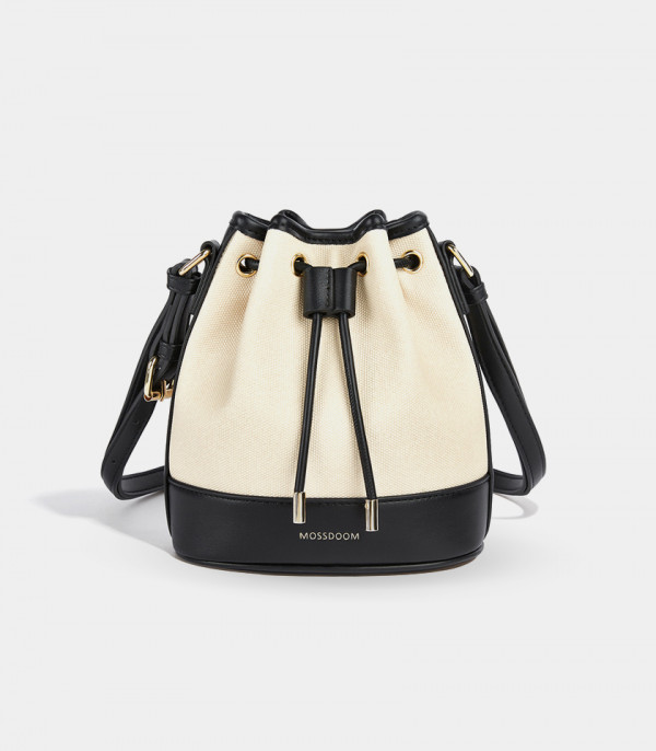 MOSSDOOM Alicia shoulder bucket bag, two-tone canvas and black leather, front view.