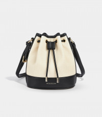 Bolsa saco de ombro Alicia da MOSSDOOM, bicolor em lona e couro preto, vista frontal.