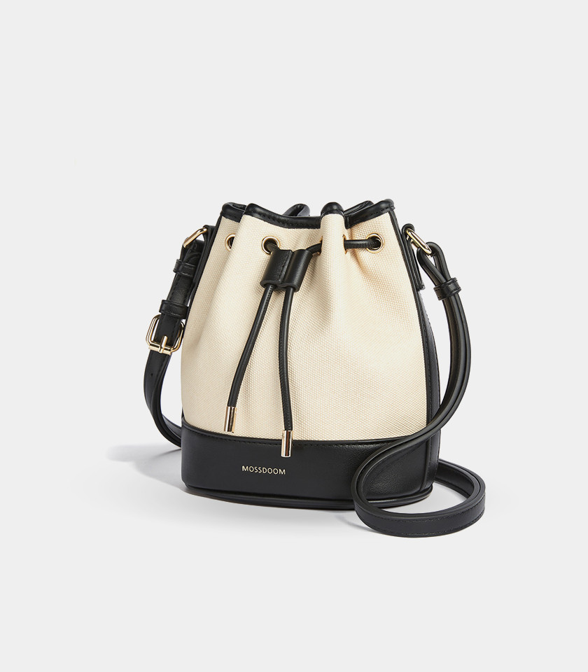 MOSSDOOM Alicia shoulder bucket bag, two-tone canvas and black leather, front view.