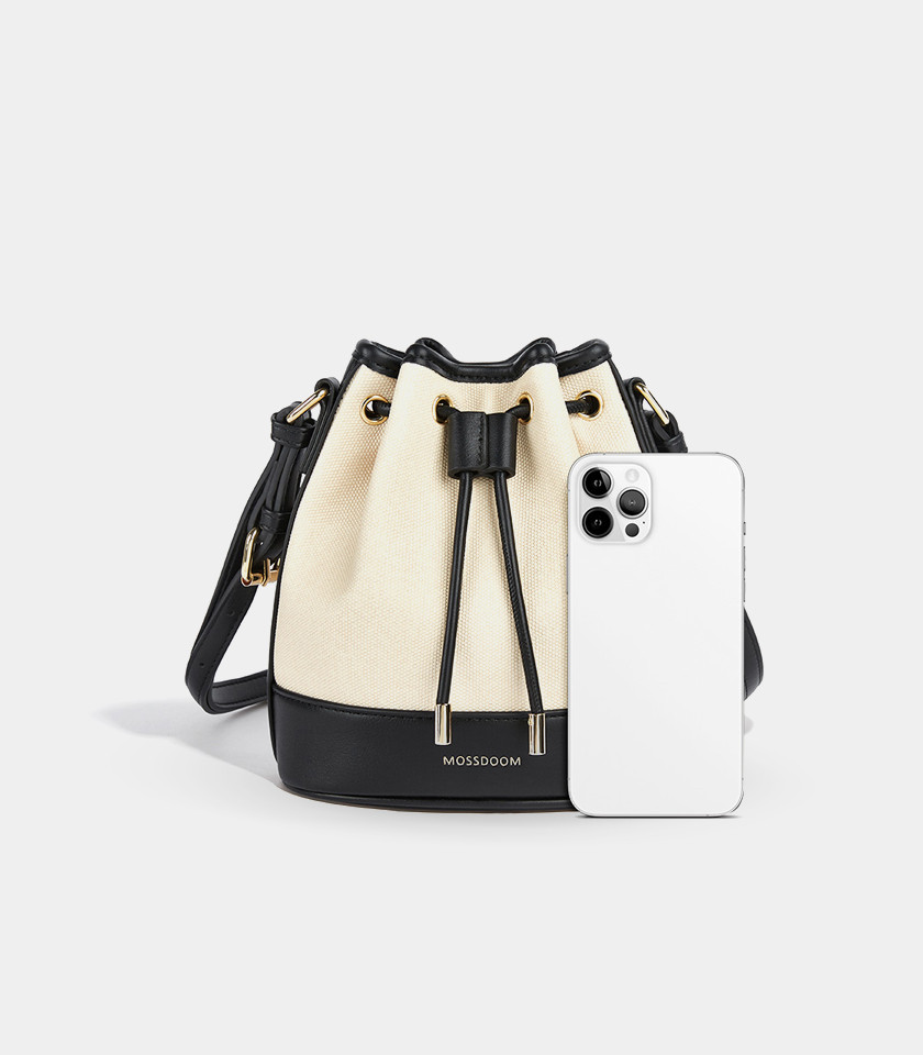 MOSSDOOM Alicia shoulder bucket bag, two-tone canvas and black leather, front view.
