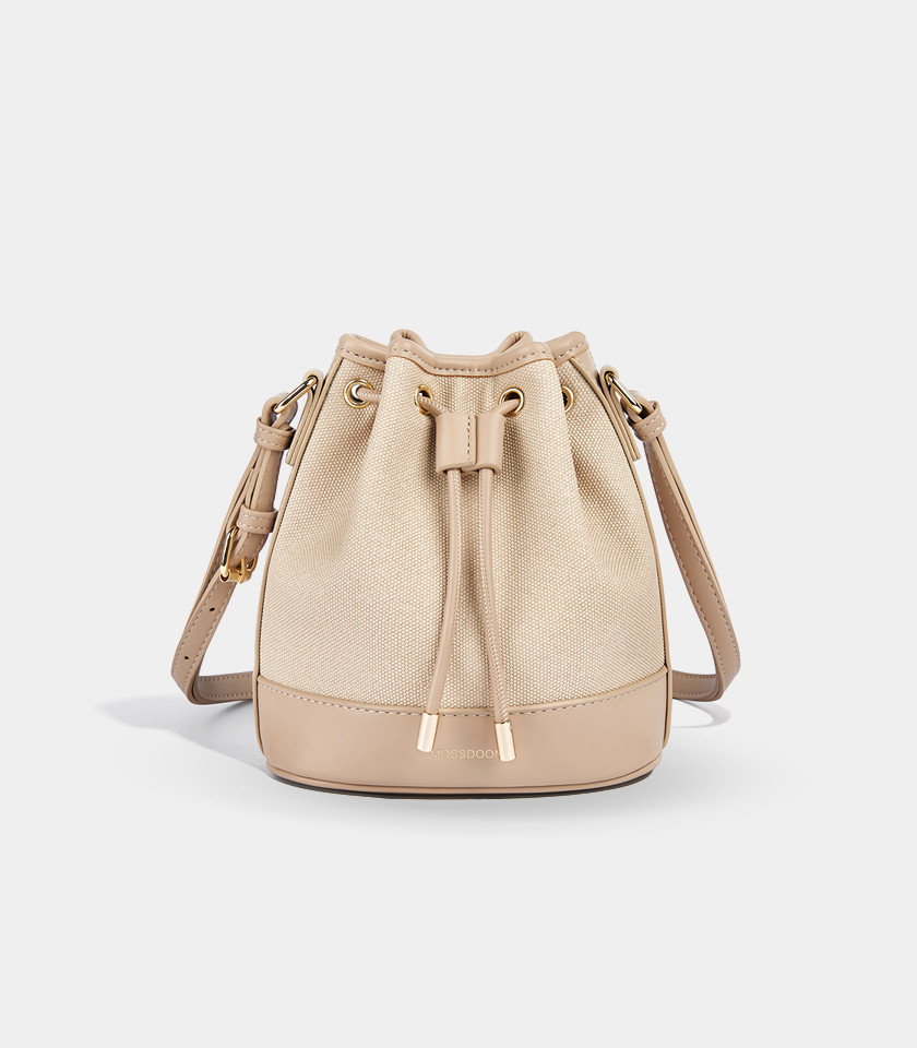 MOSSDOOM Alicia shoulder bucket bag, two-tone canvas and beige leather, front view.
