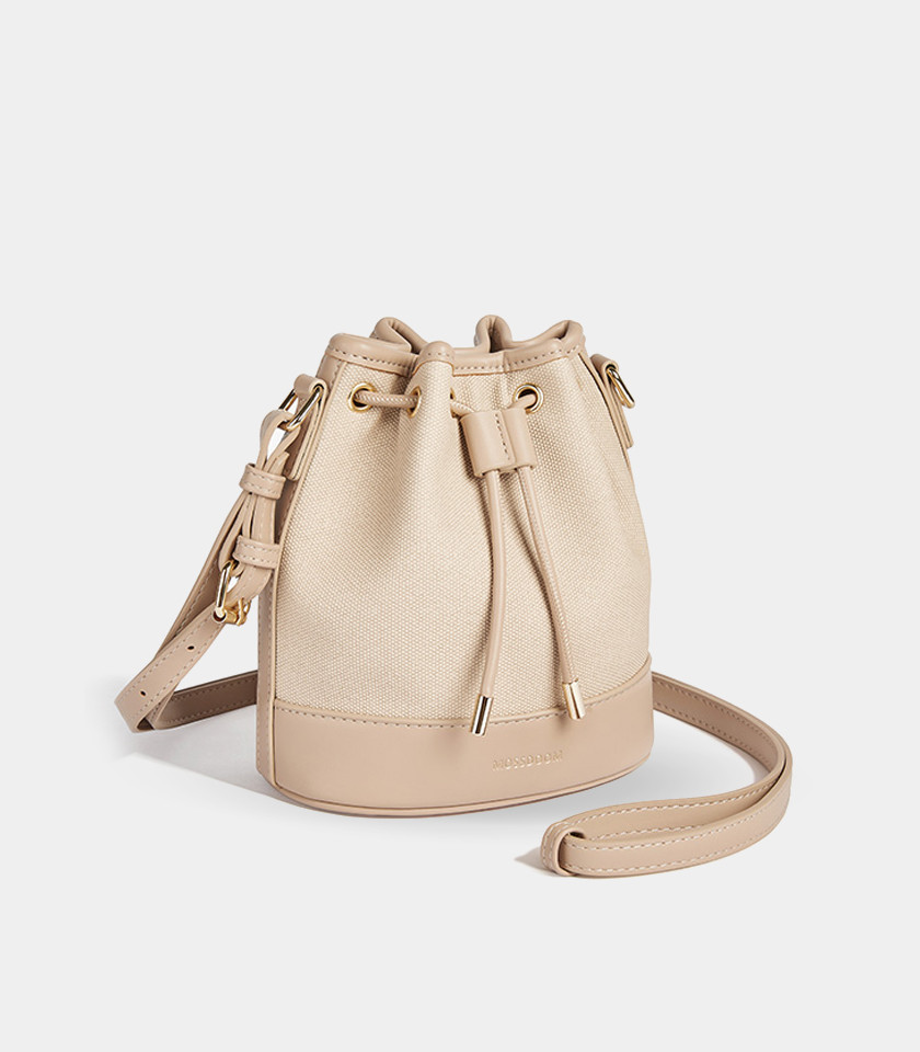 MOSSDOOM Alicia shoulder bucket bag, two-tone canvas and beige leather, front view.