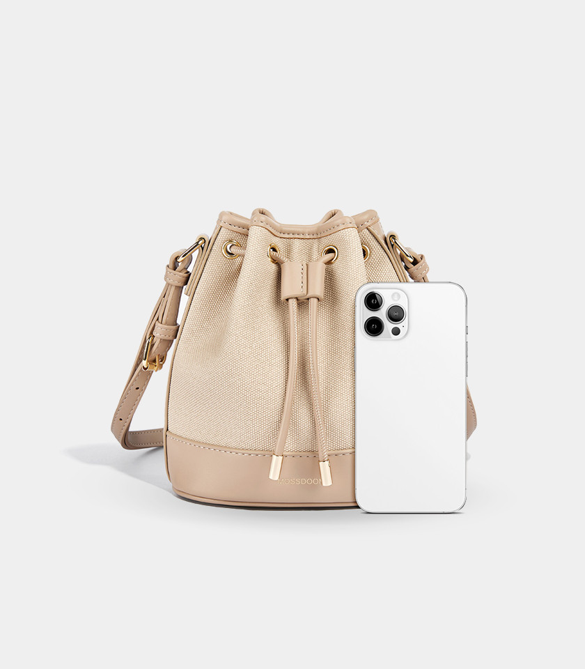 MOSSDOOM Alicia shoulder bucket bag, two-tone canvas and beige leather, front view.