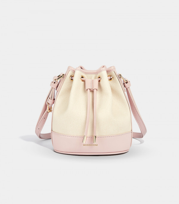 MOSSDOOM Alicia shoulder bucket bag, two-tone canvas and pink leather, front view.
