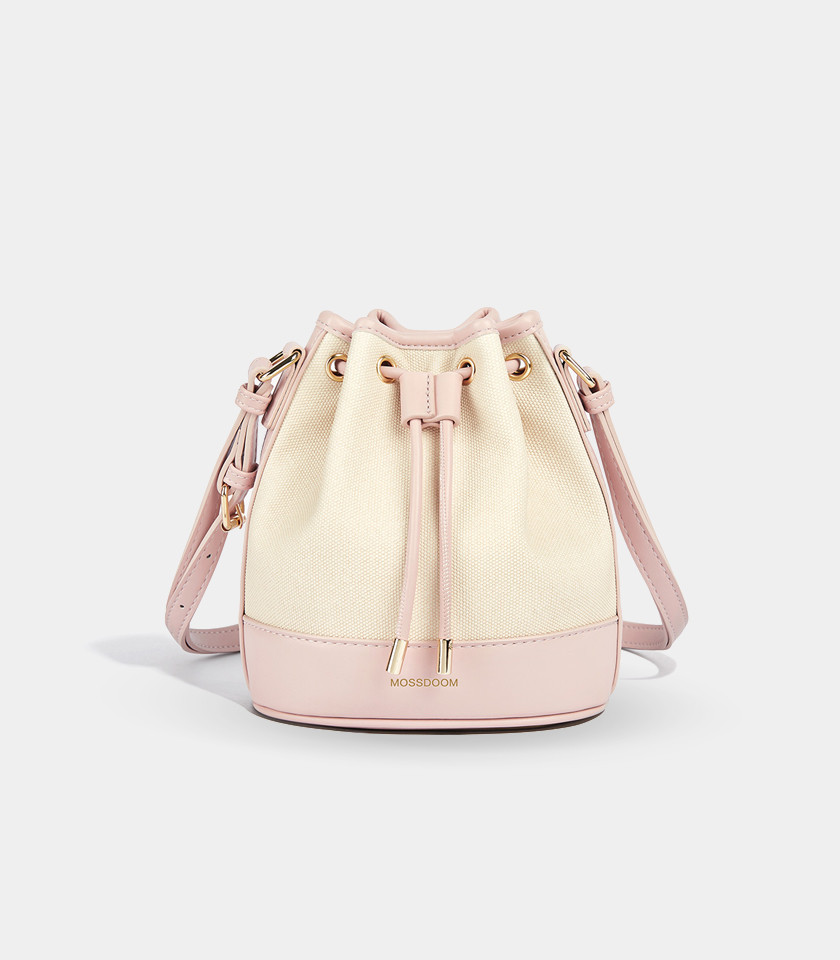 MOSSDOOM Alicia shoulder bucket bag, two-tone canvas and pink leather, front view.