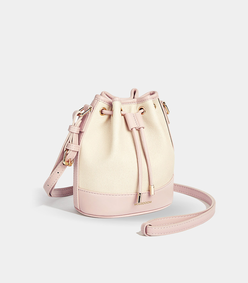 MOSSDOOM Alicia shoulder bucket bag, two-tone canvas and pink leather, front view.